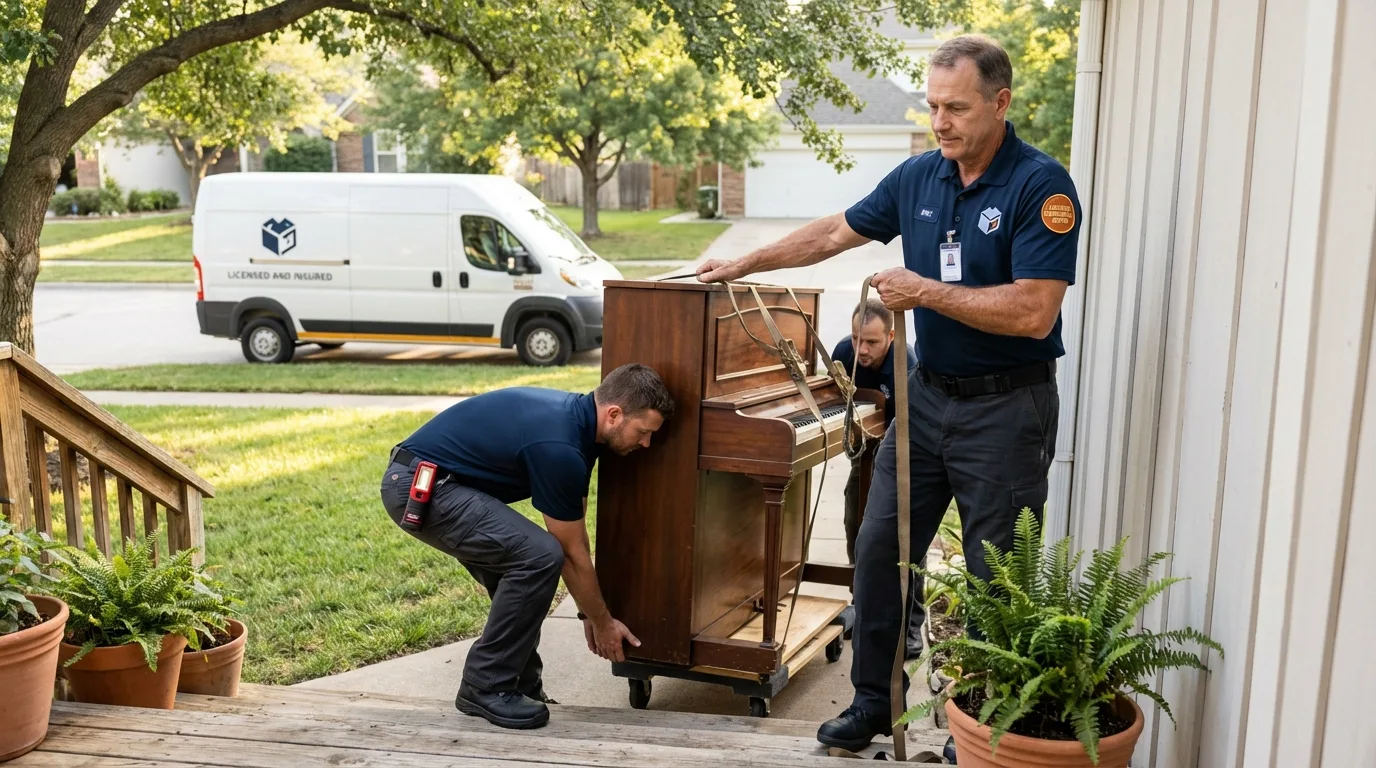 Licensed piano movers securing grand piano in Portsmouth, RI