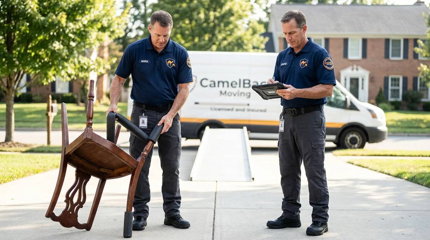 Movers inspecting furniture for damage prevention before loading in Portsmouth, RI