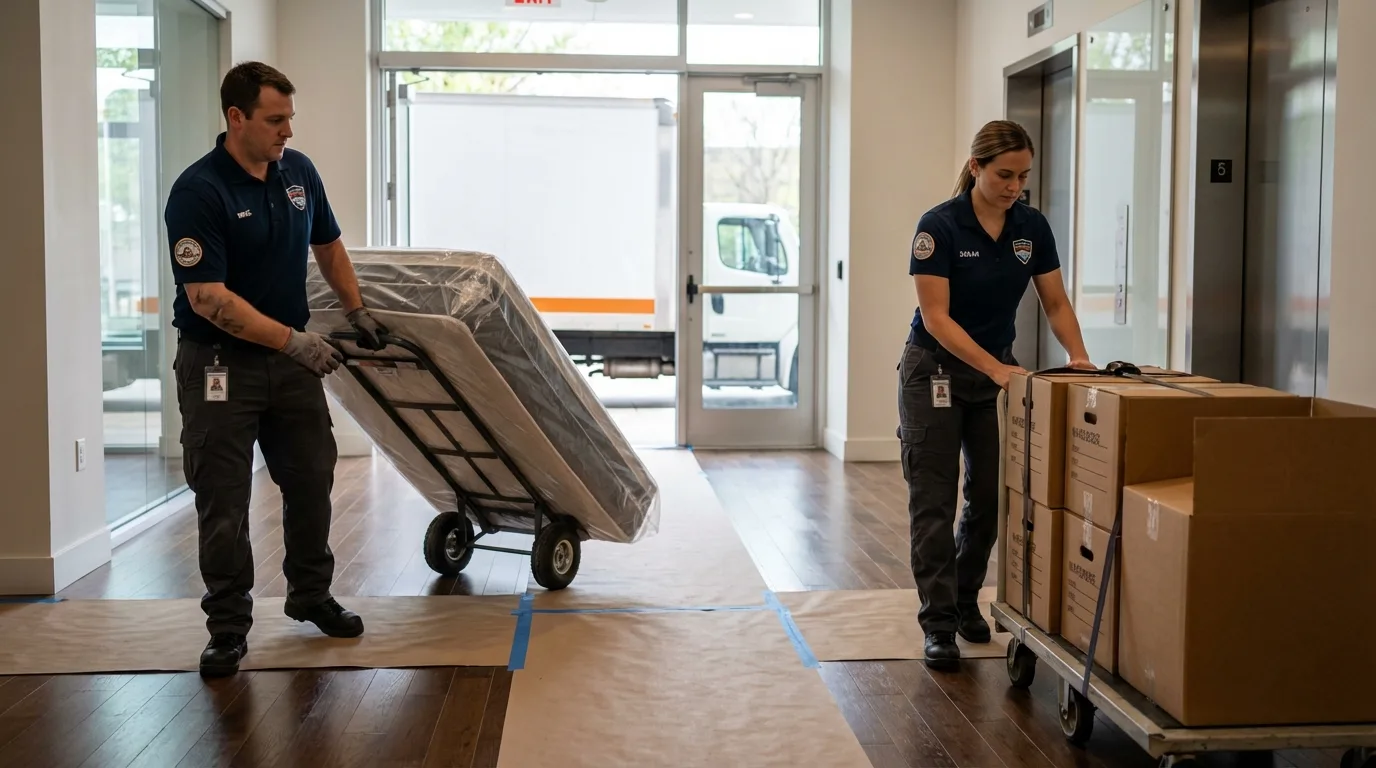 Professional apartment movers loading elevator in Portsmouth, RI