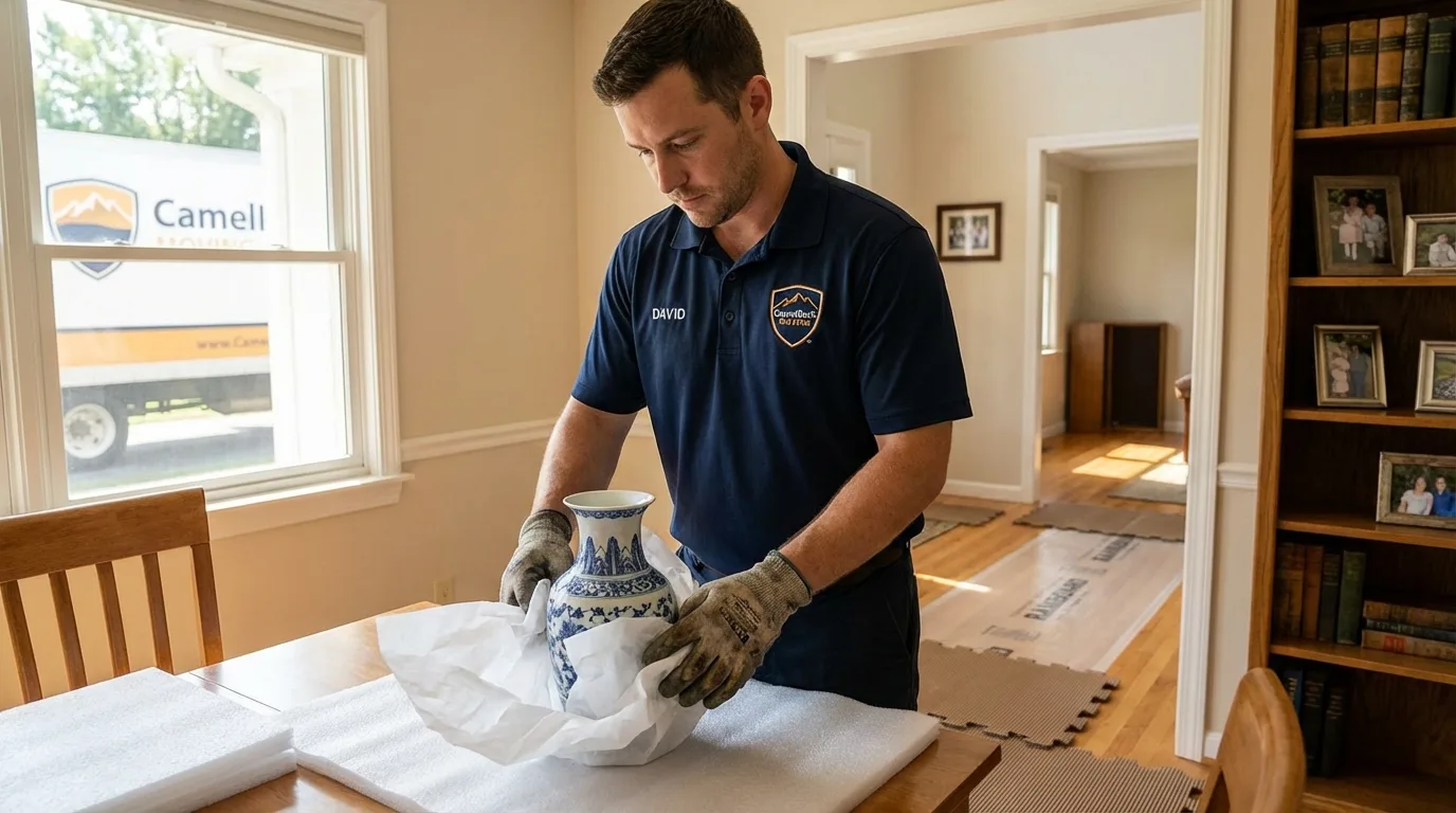 Professional crew carefully wrapping antique vase for senior downsizing move in Portsmouth, RI