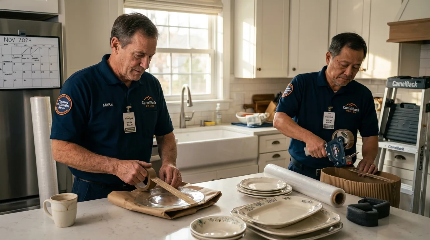 Professional crew packing kitchen dishware in Portsmouth, RI